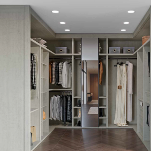 Serie VESTIDOR – Melamina Grey Stone, Herraje Negro, Espejo de Carril