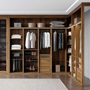 Serie VESTIDOR – Melamina Nogal, Herraje Negro, Tirador Line Negro